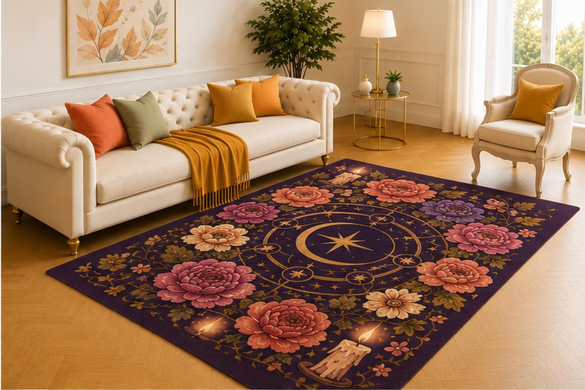 ICE ARMOR 5' x 7' Celestial Rose Candle Rug, Deep Purple Moon Chart with Floral Wreath and Stars, Mystical Floor Accent for Bedroom, Meditation Area or Lounge