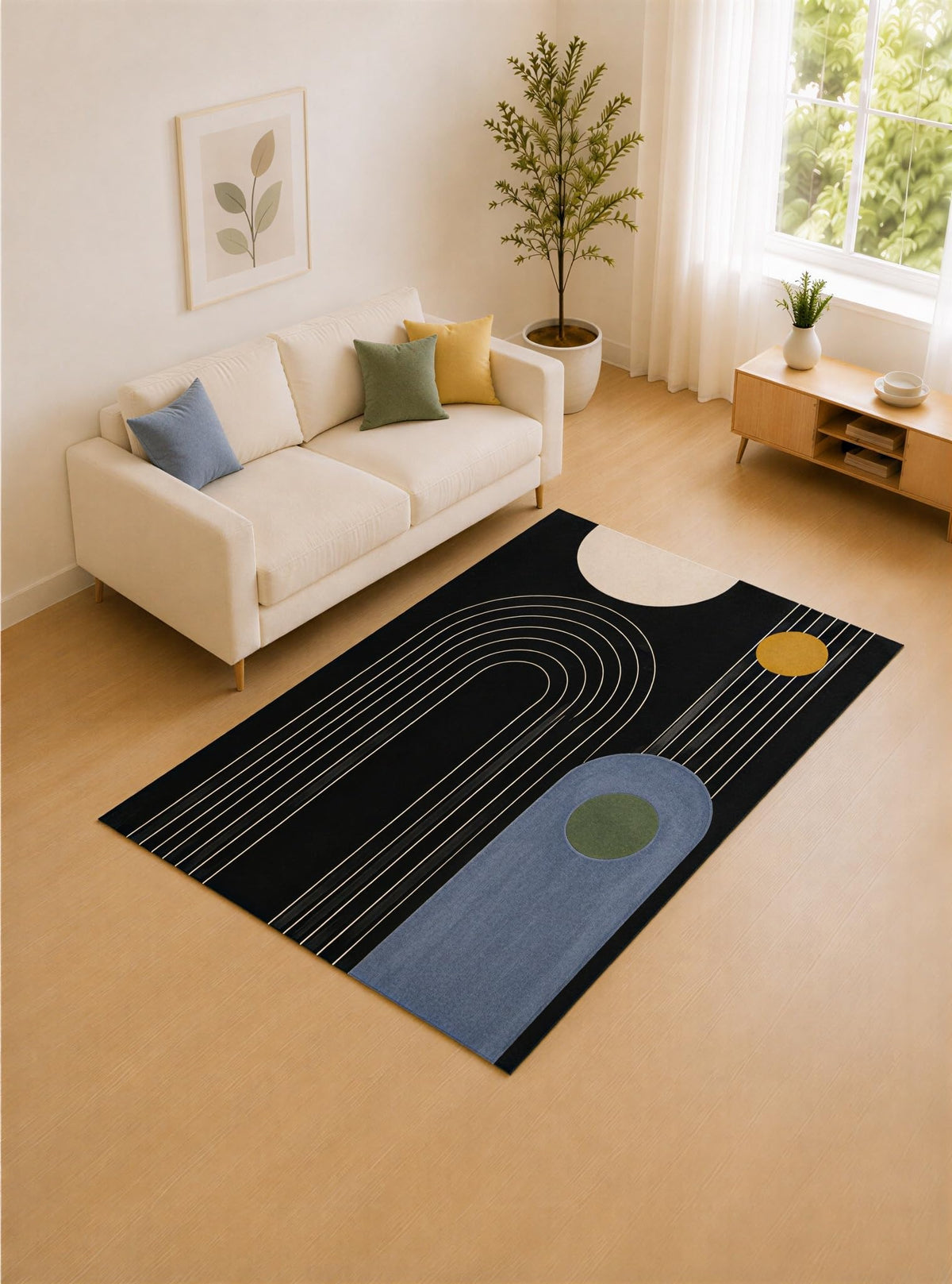 ICE ARMOR "Ultra Lightweight 5' x 7' Black and Blue Retro Path Area Rug for Living Room, Bedroom and Home Office, Soft Low Pile Carpet with Non-Slip Silicone Backing