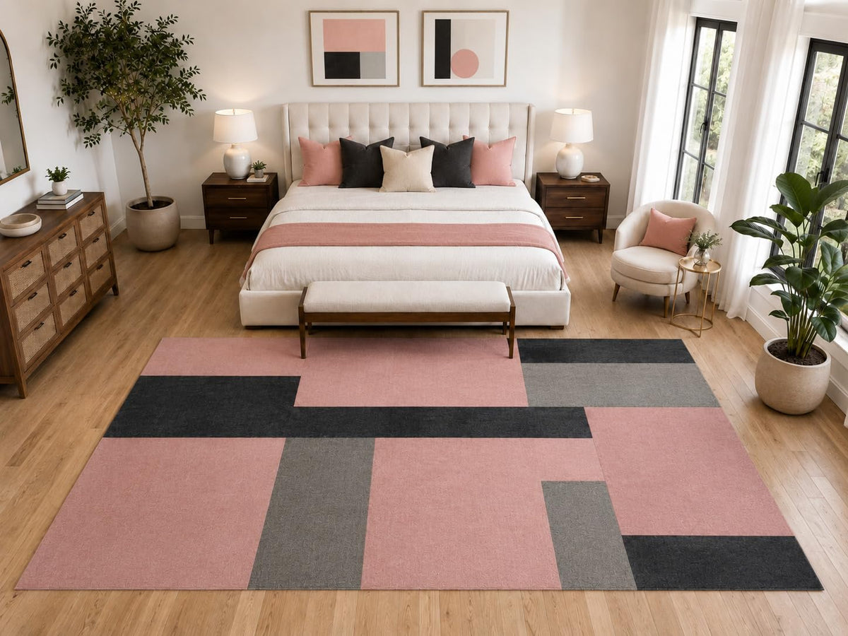 ICE ARMOR "Ultra Light Weight Large 6'7" x 9'10" Pink Gray Color Block Rug, Soft Low Pile Indoor Rug, Non-Slip Silicone Backing for Living Room Pink