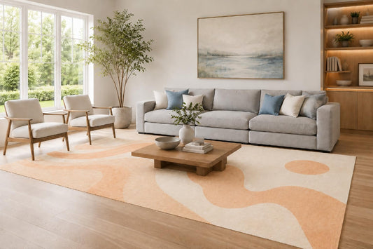 ICE ARMOR Large 6'7" x 9'10" Peach and Cream Abstract Shapes Area Rug for Living Room, Soft Low Pile Carpet with Non-Slip Silicone Backing, Decor for Bedroom and Home Office