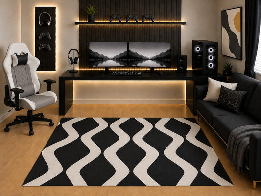 ICE ARMOR "Ultra Light Weight 5' x 7' Black White Loop Wave Area Rug Modern Geometric Curved Line Design for Bedroom Gaming Room Living Room Non-Slip Silicone Backing Low Pile
