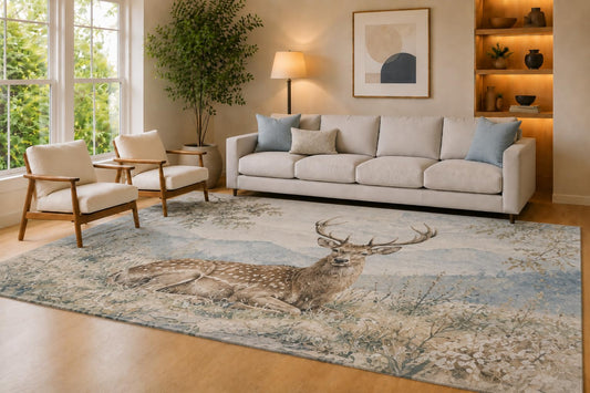 ICE ARMOR Large 6'7" x 9'10" Blue and Beige Woodland Stag Area Rug for Living Room, Soft Low Pile Carpet with Non-Slip Silicone Backing, Decor for Bedroom Dining Room and Home Office