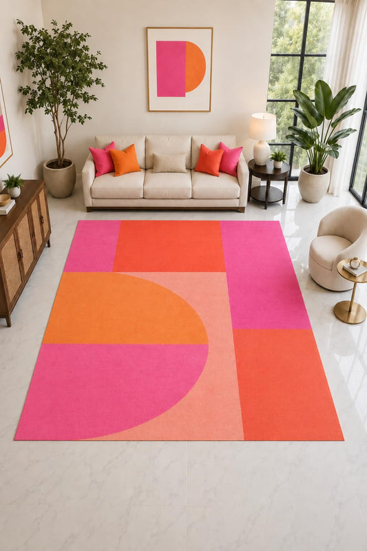 ICE ARMOR "Ultra Light Weight Large 6'7" x 9'10" Pink Orange Color Block Rug, Soft Low Pile Indoor Rug, Non-Slip Silicone Backing for Bedroom Pink