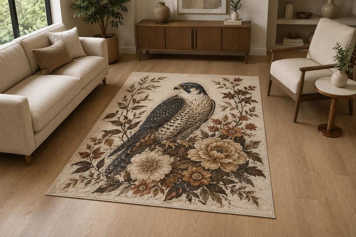 ICE ARMOR 5' x 7' Peregrine Falcon Floral Area Rug for Living Room, Soft Low Pile Indoor Rug with Non-Slip Silicone Backing, Wildlife Carpet for Bedroom, Office, Family Room, Brown Beige