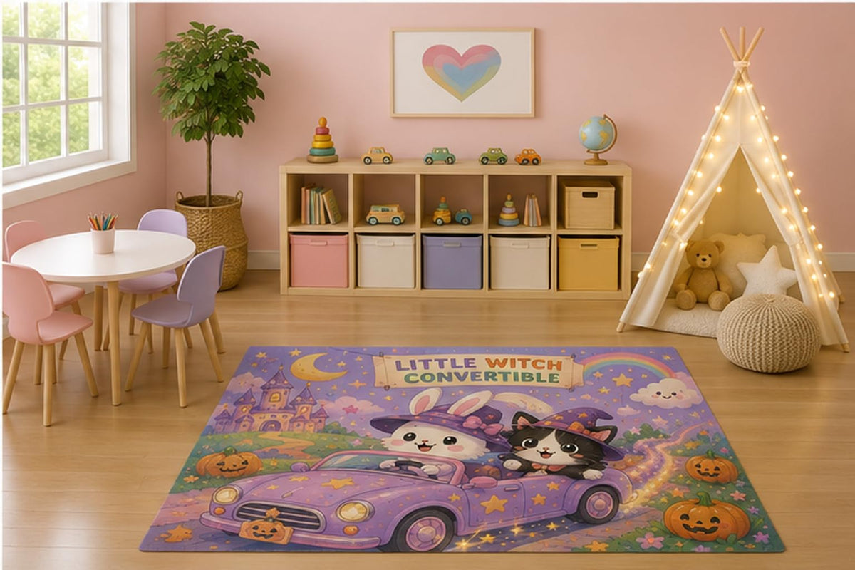 ICE ARMOR 5' x 7' Little Witch Convertible Kids Area Rug, Cute Bunny Black Cat Magic Car Rainbow Castle Fantasy Playroom Nursery Bedroom Decor, Non-Slip Silicone Backing Low Pile