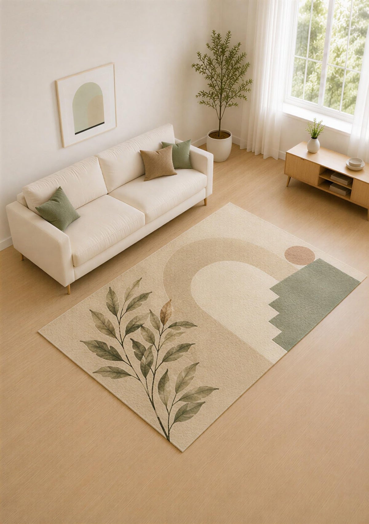 ICE ARMOR 5' x 7' Moss Green and Beige Modern Curves Area Rug for Living Room, Soft Low Pile Carpet with Non-Slip Silicone Backing, Decor for Bedroom and Home Office