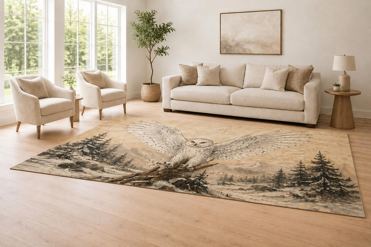 ICE ARMOR Large 6'7" x 9'10" Beige and Gray Snowy Owl Area Rug for Living Room, Soft Low Pile Carpet with Non-Slip Silicone Backing, Decor for Bedroom and Home Office