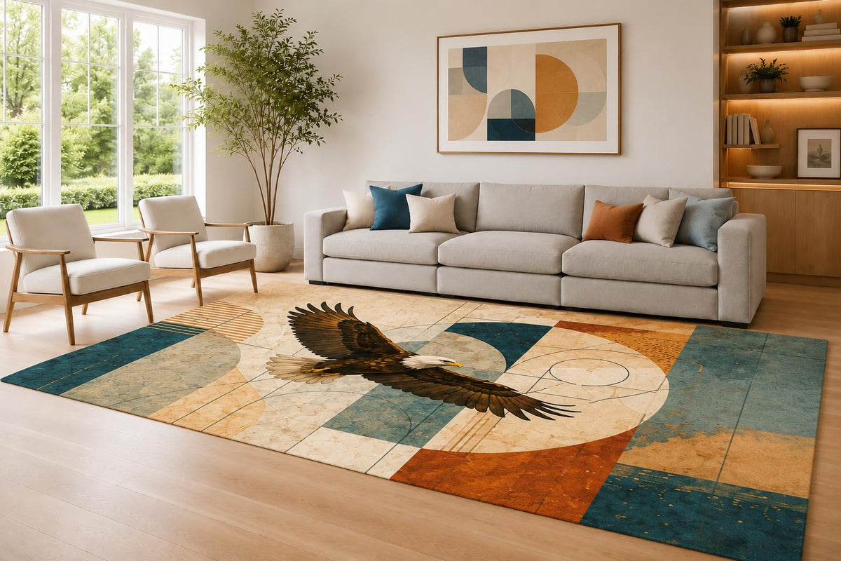 ICE ARMOR Large 6'7" x 9'10" Blue and Rust Geometric Eagle Area Rug for Living Room, Soft Low Pile Carpet with Non-Slip Silicone Backing, Decor for Bedroom Dining Room and Home Office