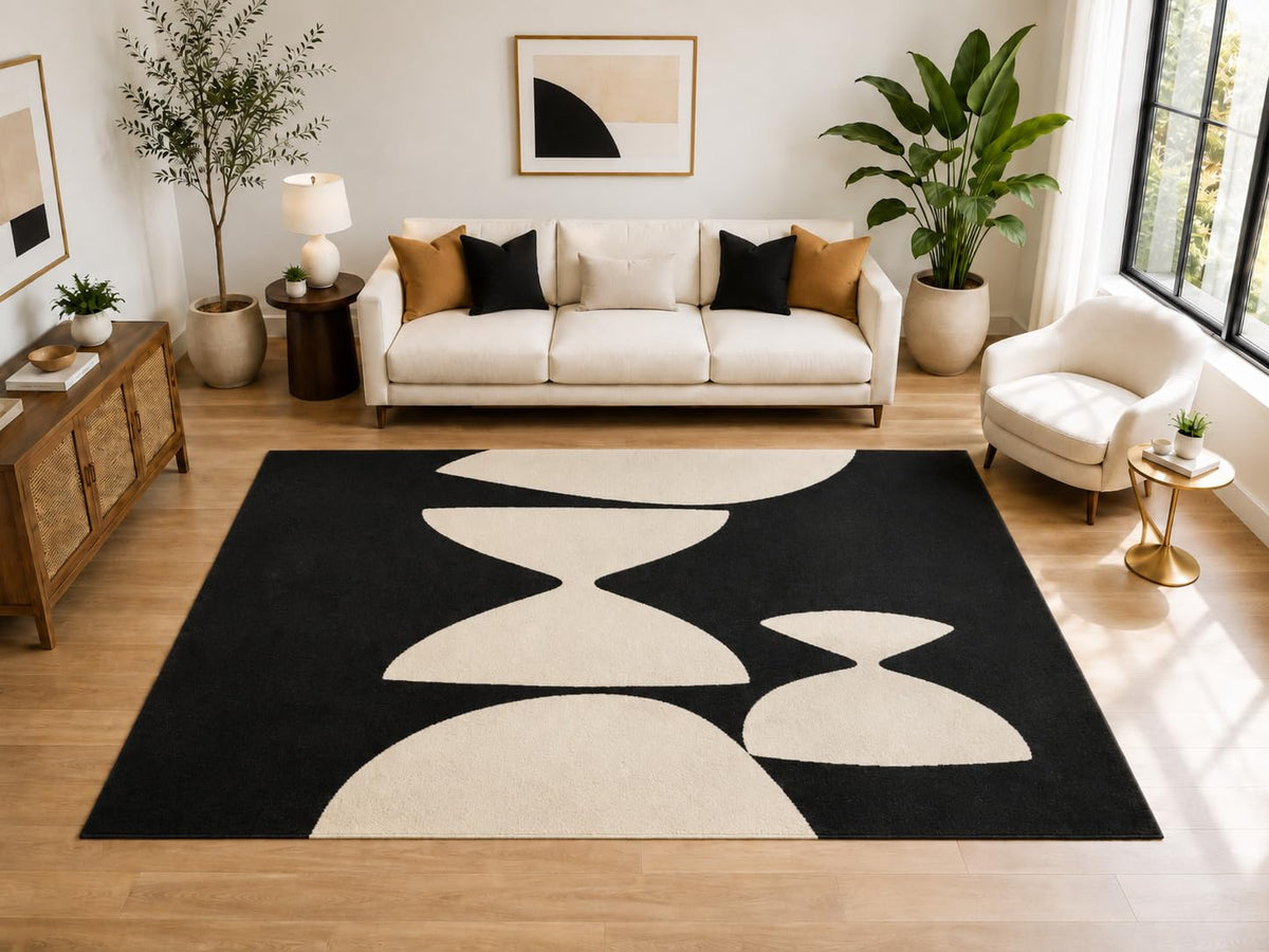 ICE ARMOR Large 6'7" x 9'10" Abstract Hourglass Shapes Area Rug for for Bedroom, Living Room, Soft Low Pile Indoor Rug with Non-Slip Silicone Backing, Black Ivory