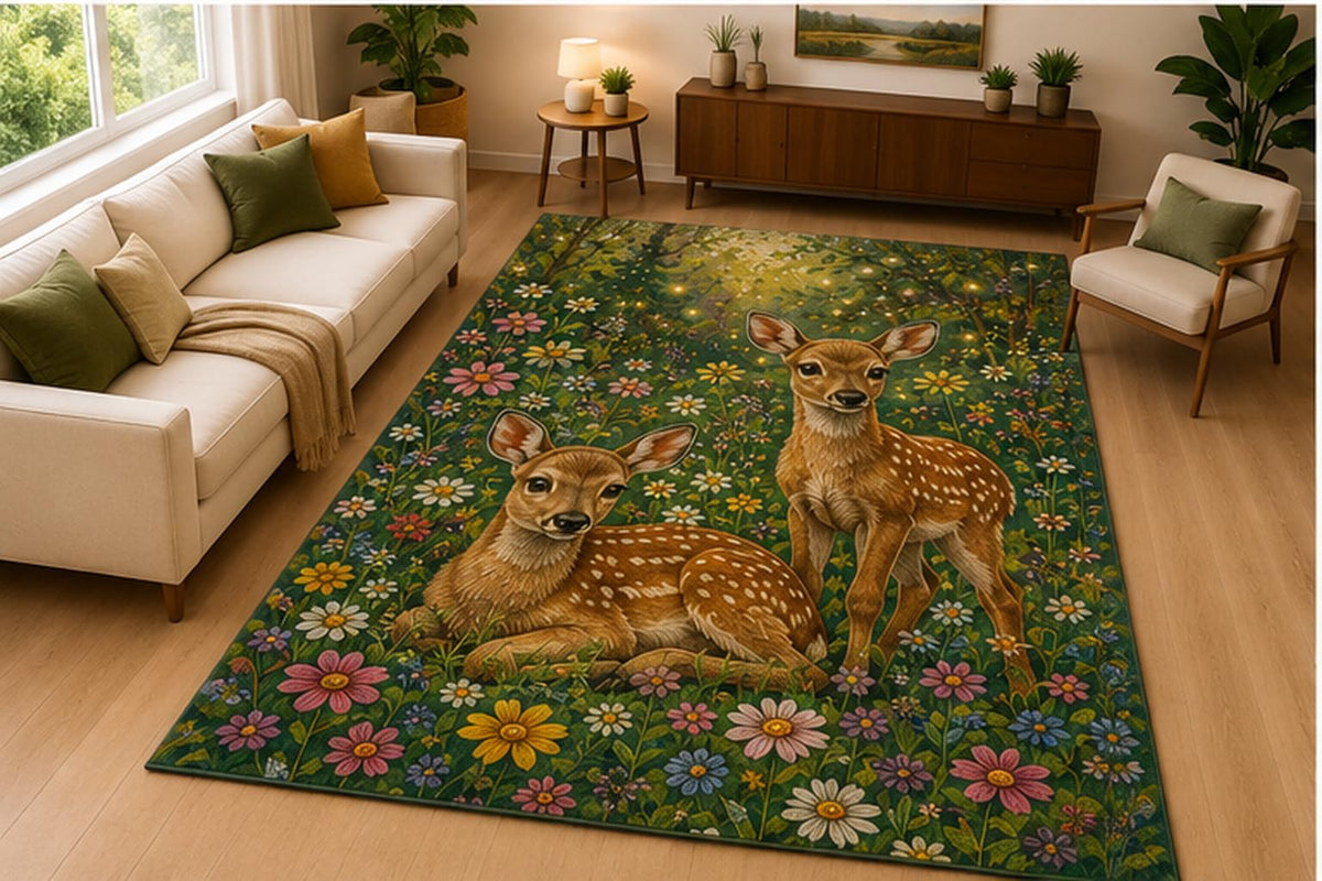 ICE ARMOR 5' x 7' Deer Meadow Flower Area Rug Soft Low Pile Indoor Rug with Non Slip Silicone Backing Woodland Animal Decor Carpet for Living Room Bedroom Nursery Family Room Kids and Pets Green