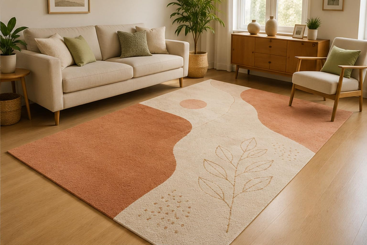 ICE ARMOR 5' x 7' Minimal Botanical Line Art Area Rug for Living Room, Soft Low Pile Indoor Rug with Non-Slip Silicone Backing, Contemporary Carpet for Bedroom, Nursery, Family Room, Terracotta Beige