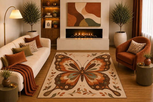 ICE ARMOR "Ultra Light Weight 5' x 7' Butterfly Area Rug Vintage Boho Botanical Art in Rust Brown Cream for Living Room Bedroom Dining Room Office Non-Slip Silicone Backing Low Pile
