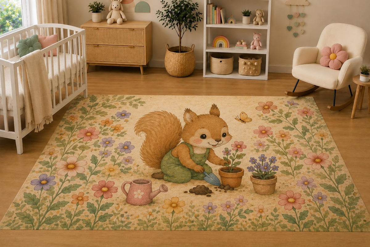 ICE ARMOR 5' x 7' Baby Squirrel Gardening Area Rug for Nursery, Soft Low Pile Indoor Rug with Non-Slip Silicone Backing, Kids Room, Playroom, Kids & Pets, Beige Green