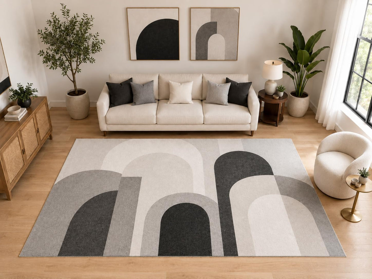 ICE ARMOR "Ultra Light Weight Large 6'7" x 9'10" Mid Century Arch Area Rug, Soft Low Pile Indoor Rug and Non-Slip Silicone Backing for Living Room Bedroom, Gray