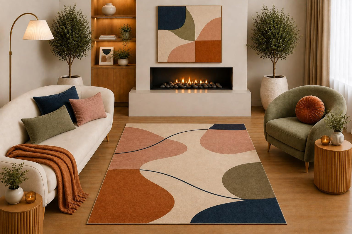 ICE ARMOR "Ultra Light Weight 5' x 7' Mid Century Modern Area Rug Navy Blue Terracotta Olive Beige Abstract Organic Shape Design for Living Room Bedroom Office Non-Slip Silicone Backing Low Pile