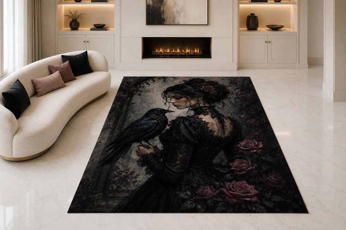 ICE ARMOR "Ultra Thin 5' x 7" Gothic Raven Woman Area Rug for Living Room, Bedroom and Home Office, Soft Low Pile Carpet with Non-Slip Silicone Backing, Black and Purple