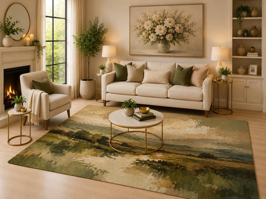 ICE ARMOR 6'7" x 9'10" Earthy Meadow Horizon Area Rug for Living Room, Soft Low Pile Indoor Rug with Non-Slip Silicone Backing, Stylish Floor Decor for Bedroom, Dining Room and Office, Olive Green