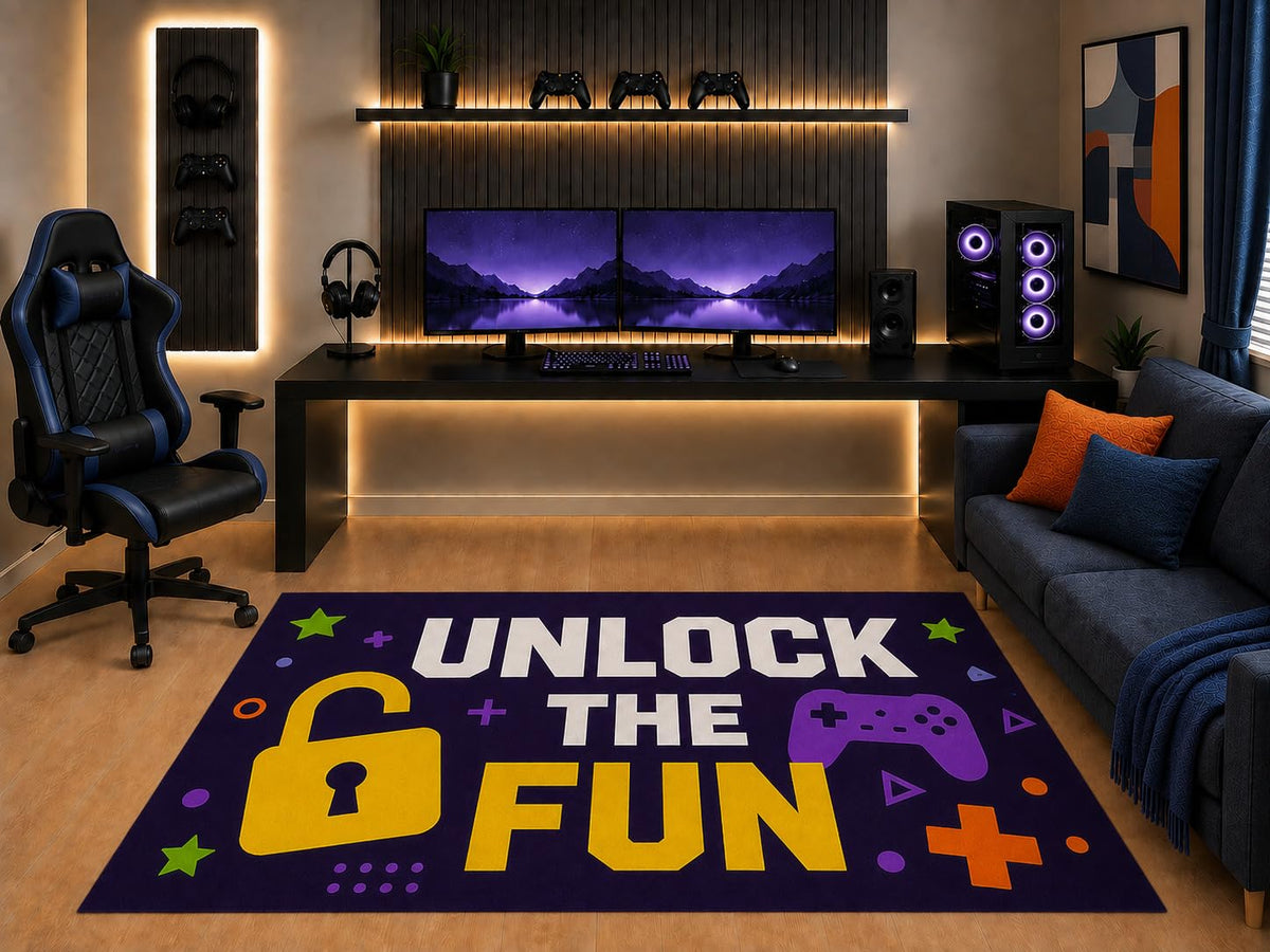 ICE ARMOR "Ultra Light Weight 5' x 7' Unlock The Fun Gaming Area Rug Colorful Controller Graphic for Boys Teen Bedroom Game Room Playroom Non-Slip Silicone Backing Low Pile