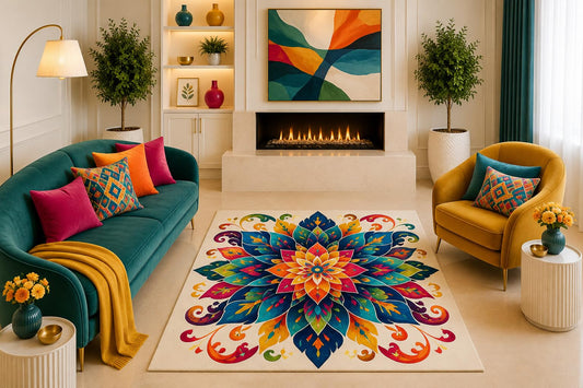 ICE ARMOR "Ultra Light Weight 5' x 7' Colorful Lotus Mandala Area Rug Boho Floral Botanical Art Decor for Living Room Bedroom Dining Room Non-Slip Silicone Backing Low Pile