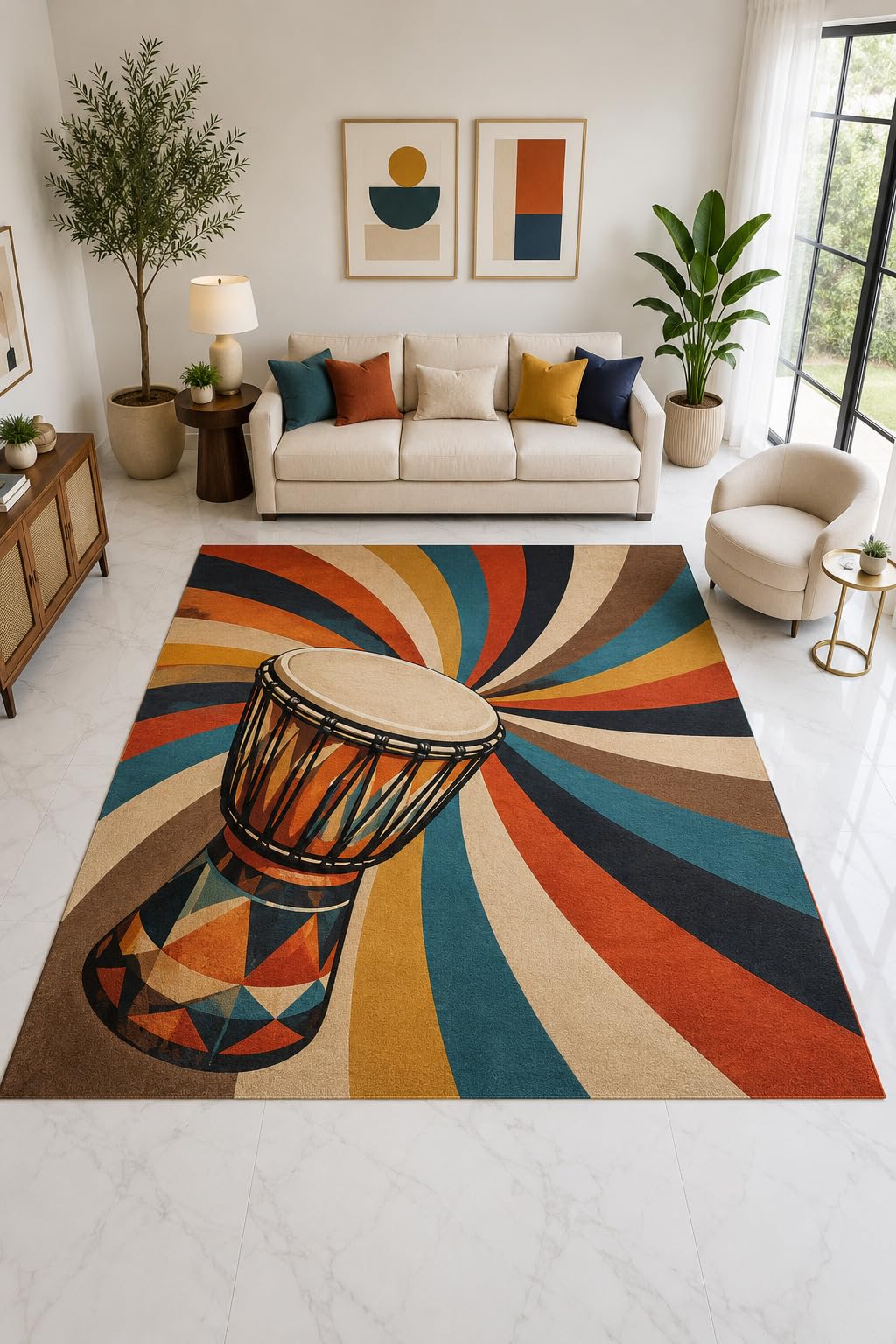 ICE ARMOR "Ultra Light Weight Large 6'7" x 9'10" Djembe Sunburst Rug, Soft Low Pile Indoor Rug, Non-Slip Silicone Backing for Living Room Orange