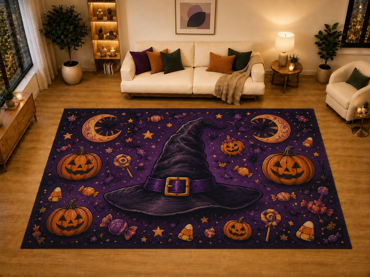 ICE ARMOR "Ultra Light Weight Large 6'7" x 9'10" Witch Hat Pumpkin Candy Area Rug for Living Room Bedroom, Soft Low Pile Non-Slip Backing, Purple Orange Halloween Decor