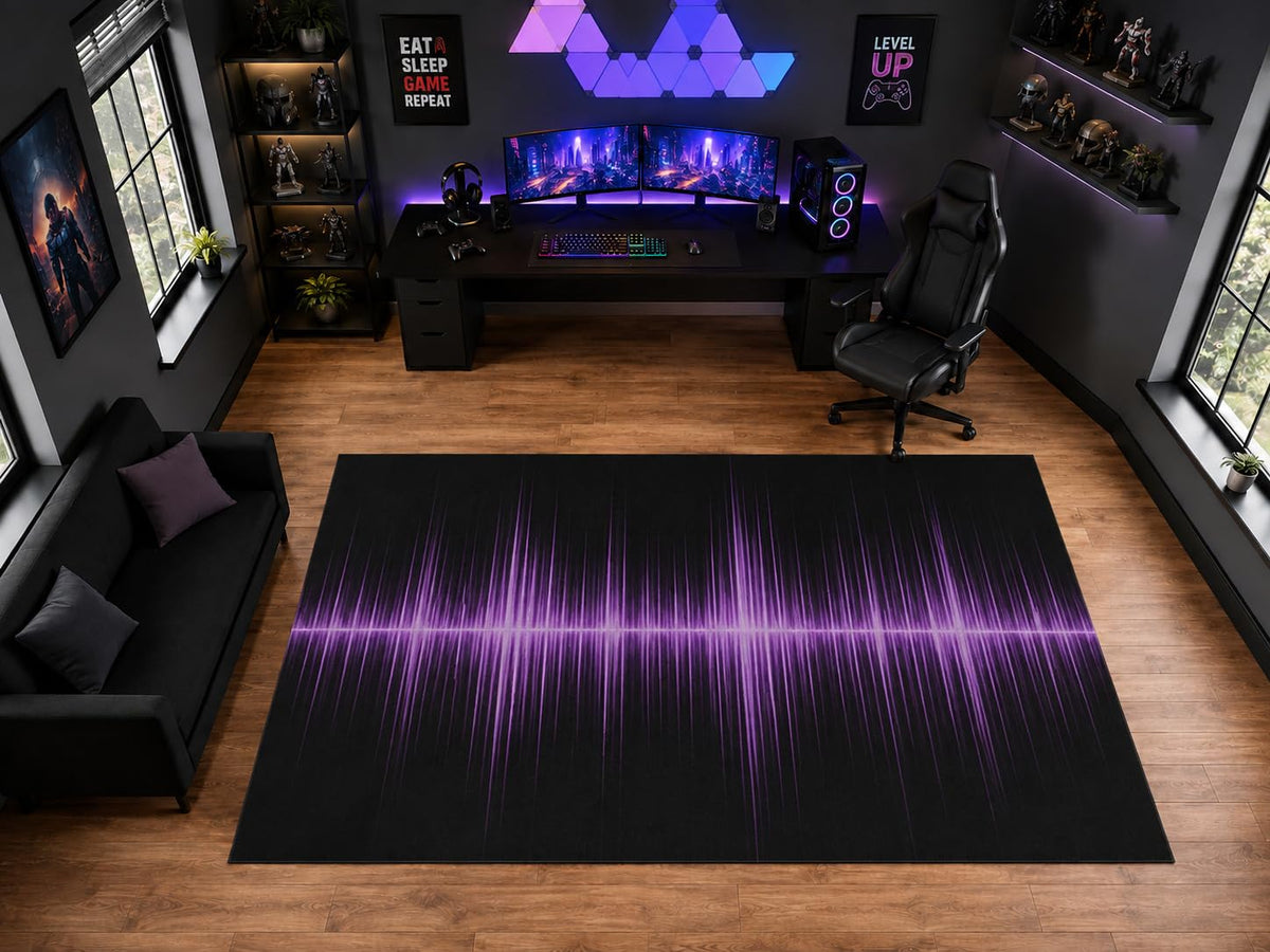 ICE ARMOR "Ultra Light Weight Large 6'7" x 9'10" Purple Audio Soundwave Pattern Area Rug for Playroom Decor, Soft Low Pile Indoor Rug with Non-Slip Silicone Backing, Black Purple