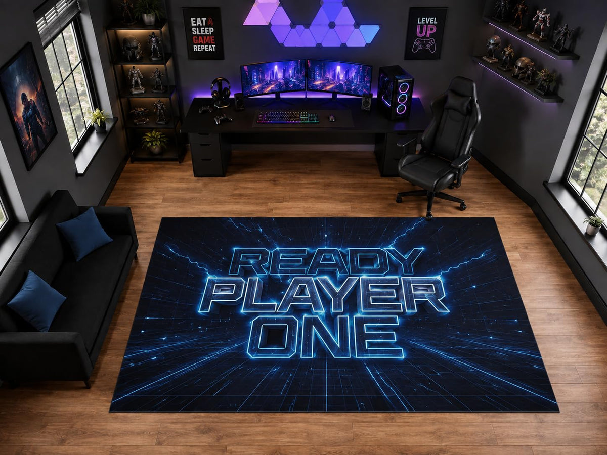 ICE ARMOR "Ultra Light Weight Large 6'7" x 9'10" Ready Player One Blue Neon Area Rug for Playroom Decor, Soft Low Pile Indoor Rug with Non-Slip Silicone Backing, Black Blue