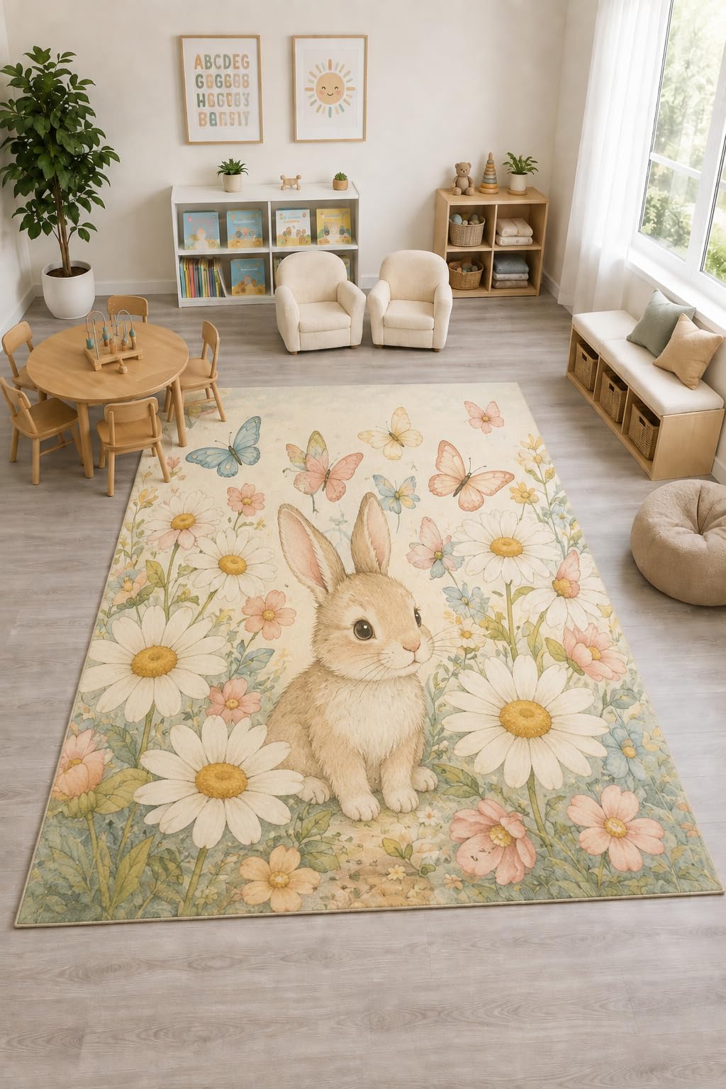 ICE ARMOR "Ultra Light Weight Large 6'7" x 9'10" Bunny Daisy Butterfly Rug, Soft Low Pile Indoor Rug, Non-Slip Silicone Backing Nursery Kids Cream