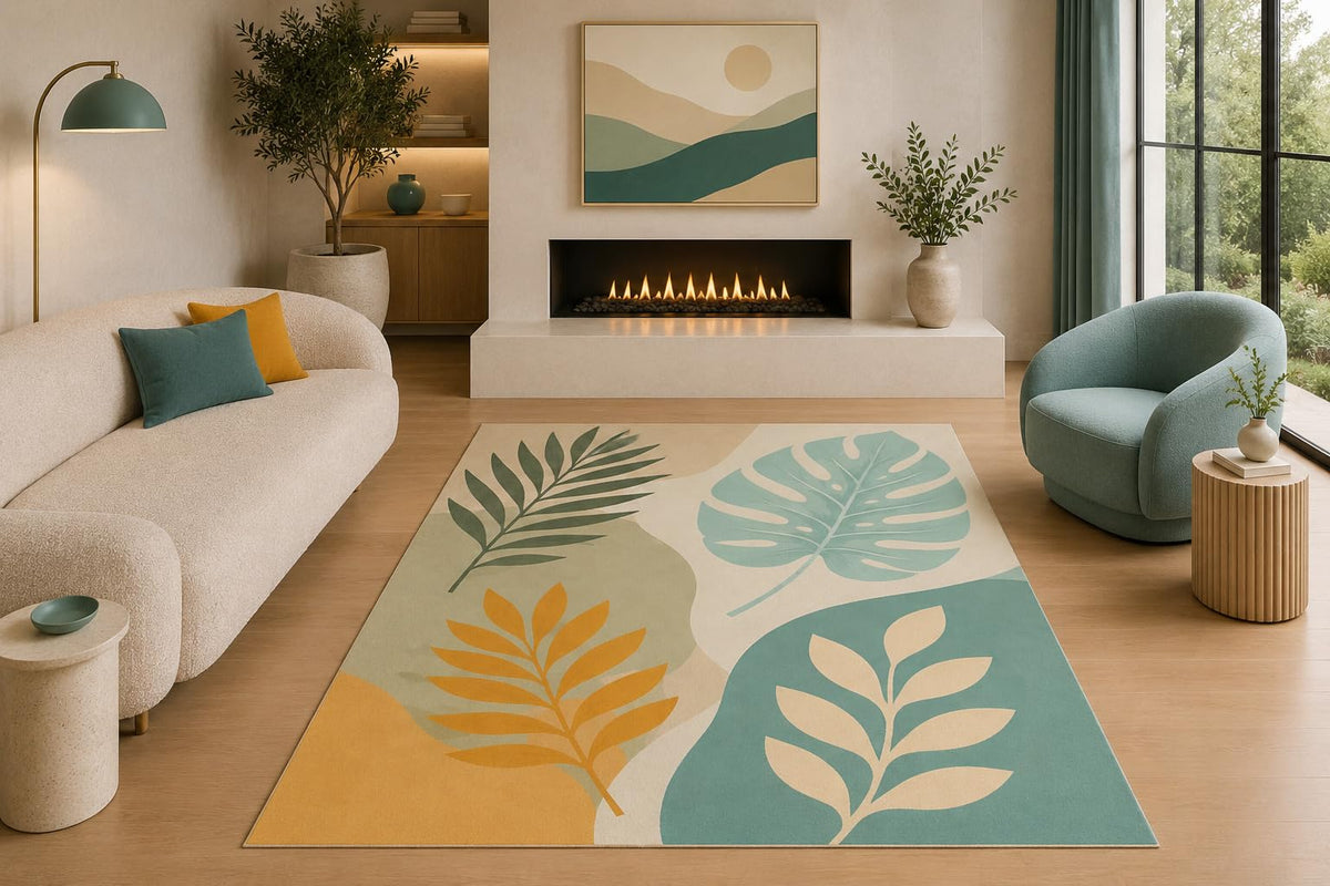 ICE ARMOR 5' x 7' Abstract Botanical Leaf Area Rug Modern Tropical Palm Monstera Scandinavian Living Room Bedroom Decor Non-Slip Silicone Backing Low Pile