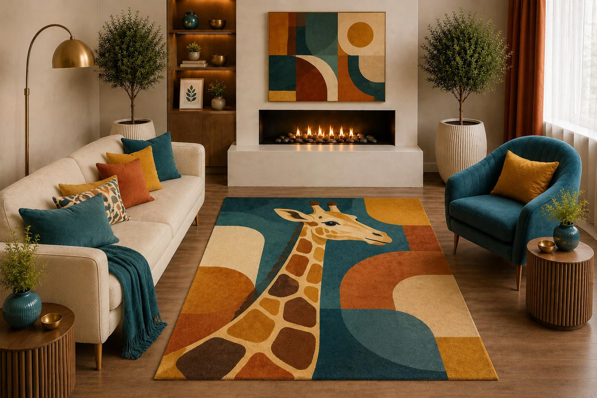 ICE ARMOR "Ultra Light Weight 5' x 7' Giraffe Area Rug Mid Century Geometric Safari Wildlife Art for Living Room Bedroom Nursery Playroom Decor Non-Slip Silicone Backing Low Pile
