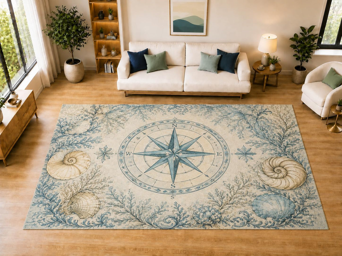 ICE ARMOR "Ultra Light Weight Large 6'7" x 9'10" Nautical Compass Seashell Area Rug for Dining, Living Room, Bedroom, Soft Low Pile Indoor Rug with Non-Slip Silicone Backing, Blue Beige