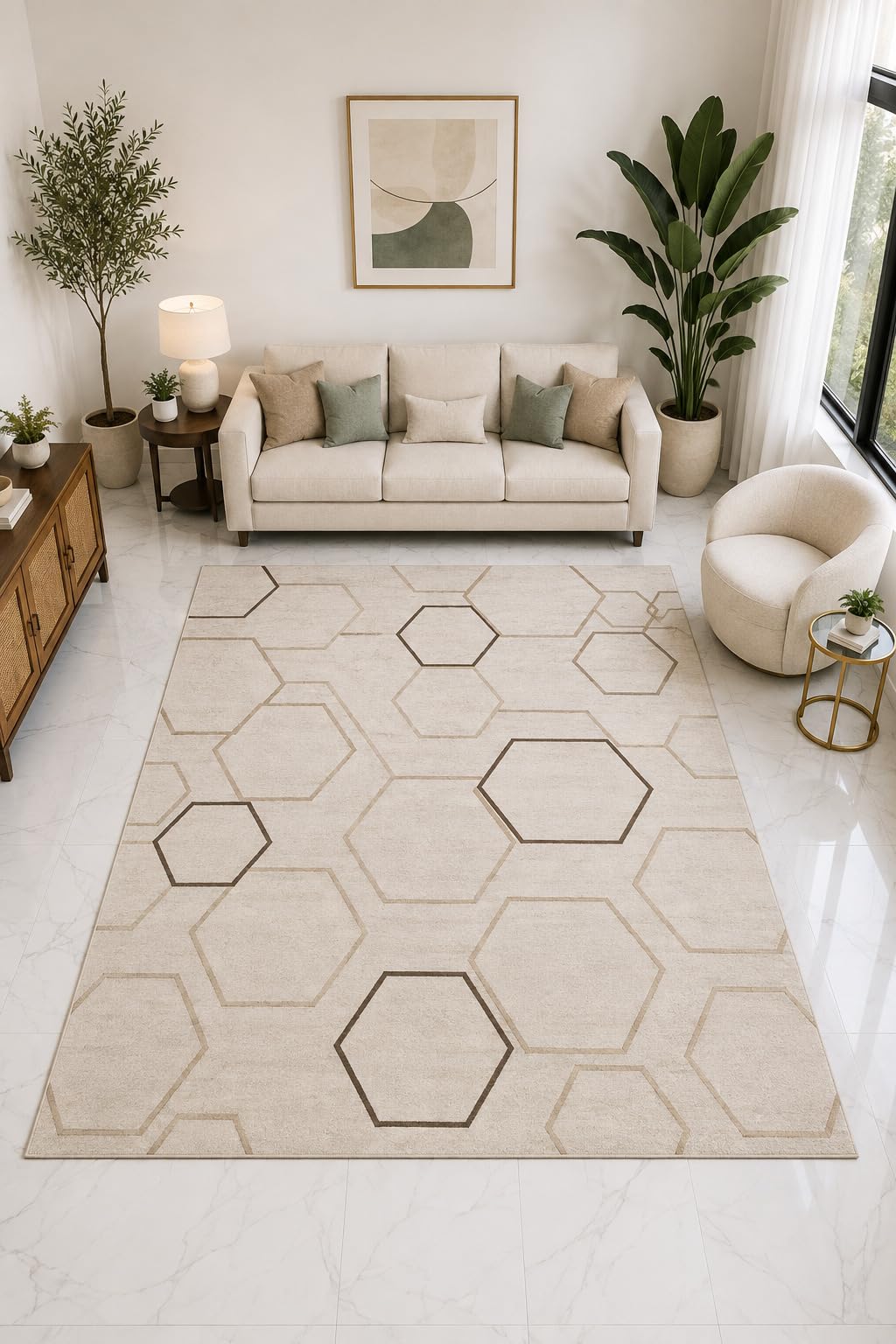 ICE ARMOR "Ultra Light Weight Large 6'7" x 9'10" Hexagon Outline Geometric Rug, Soft Low Pile Indoor Rug, Non-Slip Silicone Backing Living Room Beige