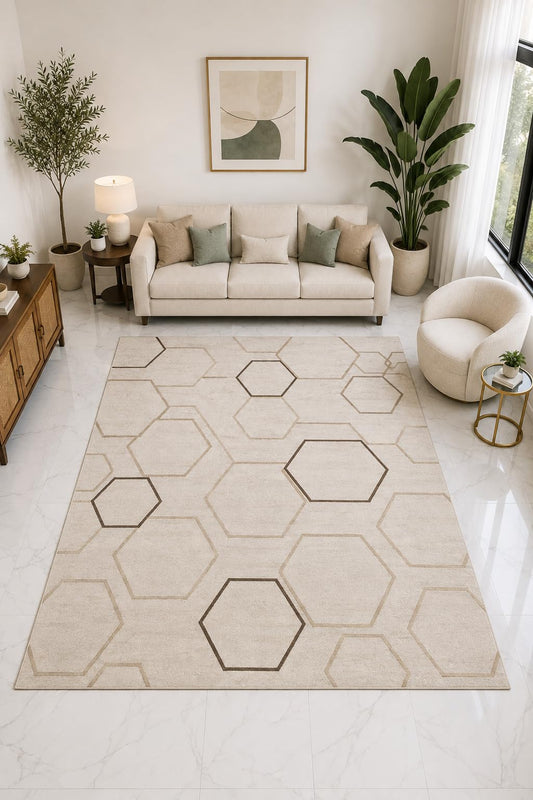 ICE ARMOR "Ultra Light Weight Large 6'7" x 9'10" Hexagon Outline Geometric Rug, Soft Low Pile Indoor Rug, Non-Slip Silicone Backing Living Room Beige