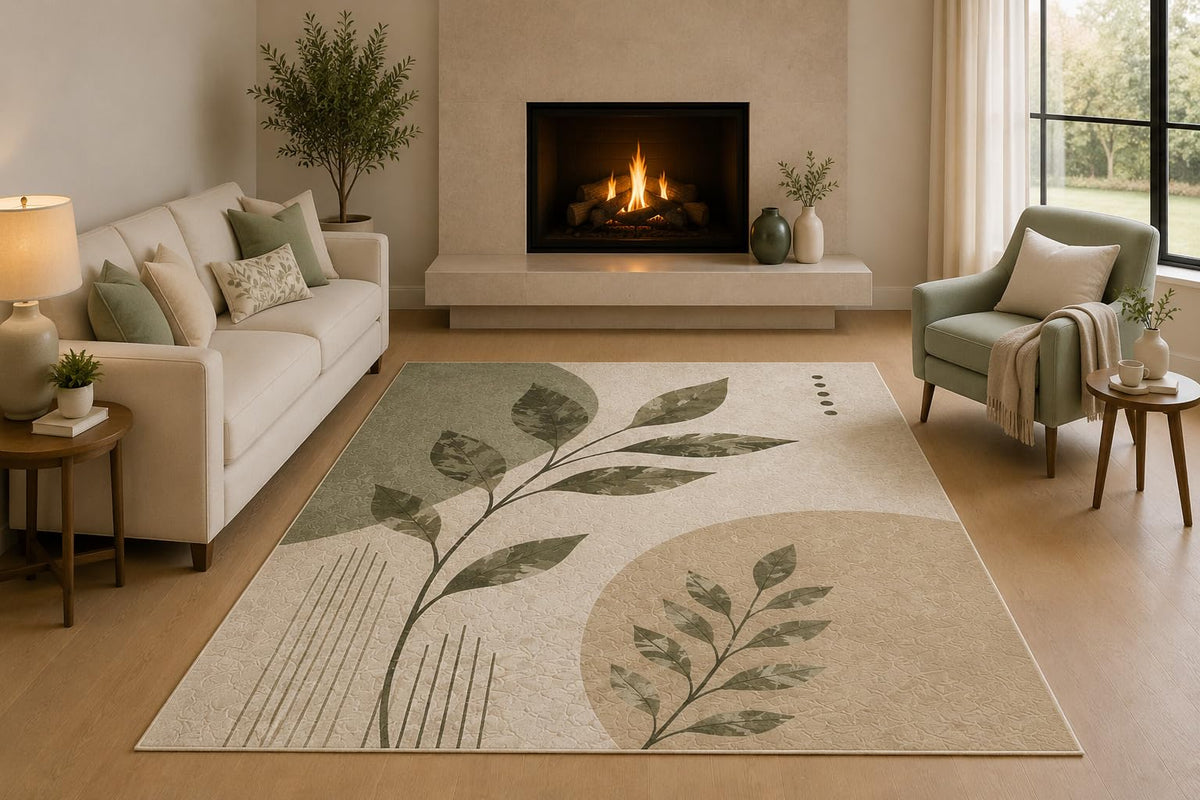 ICE ARMOR 5' x 7' Minimalist Botanical Leaf Area Rug with Non-Slip Silicone Backing Low Pile Soft Carpet for Living Room Bedroom Office Sage Green Decor