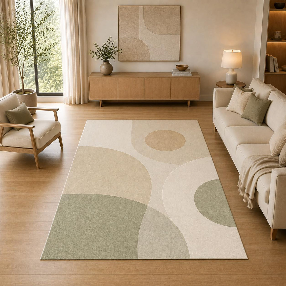 ICE ARMOR 5' x 7' Modern Circle Geometric Area Rug for Living Room, Soft Low Pile Indoor Rug with Non-Slip Silicone Backing, Decorative Carpet for Bedroom, Office, Family Room, Sage Green