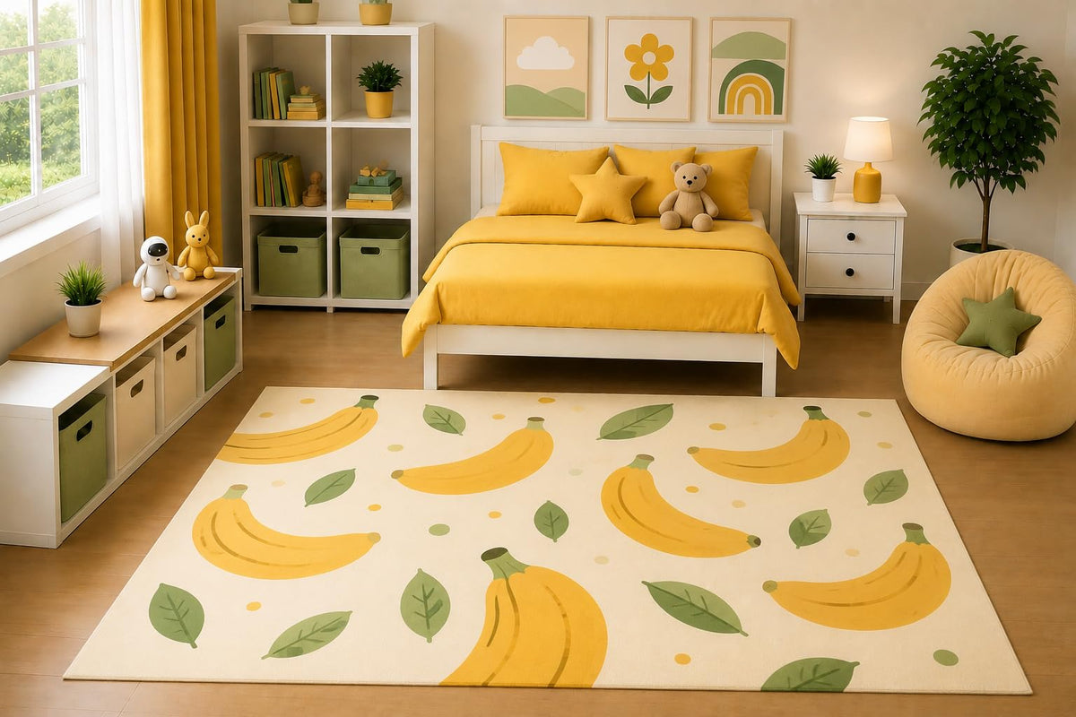 ICE ARMOR 5' x 7' Kids Area Rug Cute Banana Pattern Rug Kawaii Tropical Fruit Nursery Girls Bedroom Playroom Decor Non-Slip Silicone Backing Low Pile