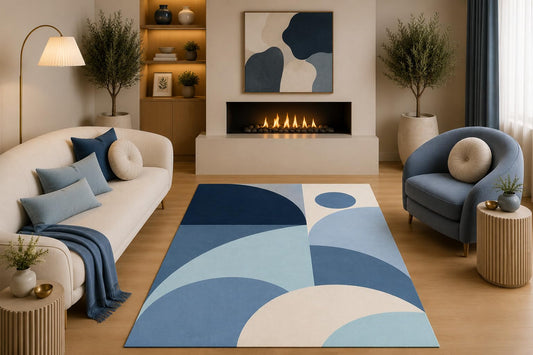 ICE ARMOR 5' x 7' Mid Century Modern Area Rug Navy Blue Light Blue Cream Abstract Curved Landscape Design for Living Room Bedroom Office Non-Slip Silicone Backing Low Pile