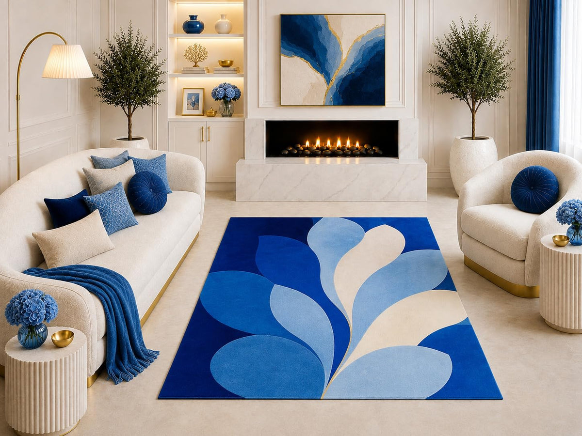 ICE ARMOR "Ultra Light Weight 5' x 7' Blue White Abstract Floral Area Rug, Modern Botanical Petal Design for Living Room Bedroom Dining Room, Non-Slip Silicone Backing Low Pile