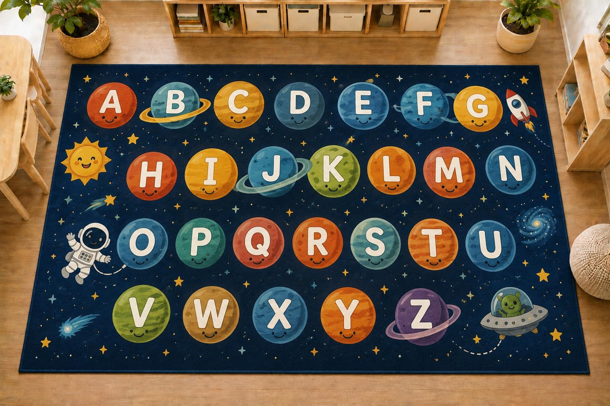 ICE ARMOR Large 6'7" x 9'10" Space Alphabet Area Rug, Soft Low Pile Indoor Rug with Non-Slip Silicone Backing for Kids Room Nursery Playroom, Navy Blue