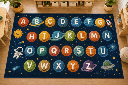 ICE ARMOR Large 6'7" x 9'10" Space Alphabet Area Rug, Soft Low Pile Indoor Rug with Non-Slip Silicone Backing for Kids Room Nursery Playroom, Navy Blue