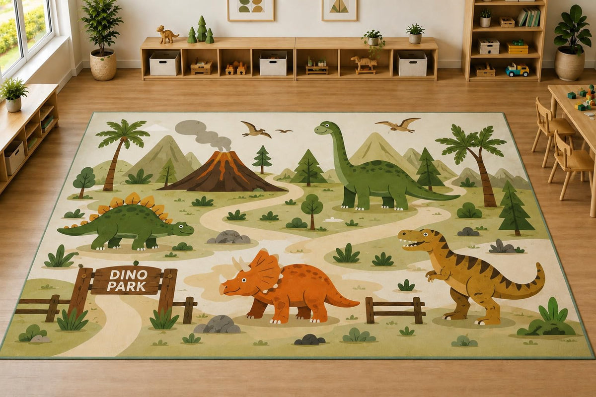 ICE ARMOR Large 6'7" x 9'10" Dinosaur Park Area Rug, Soft Low Pile Indoor Rug with Non-Slip Silicone Backing for Kids Room and Playroom, Green