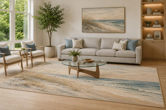 ICE ARMOR Large 6'7" x 9'10" Blue and Beige Coastal Shore Area Rug for Living Room, Soft Low Pile Carpet with Non-Slip Silicone Backing, Decor for Bedroom and Home Office