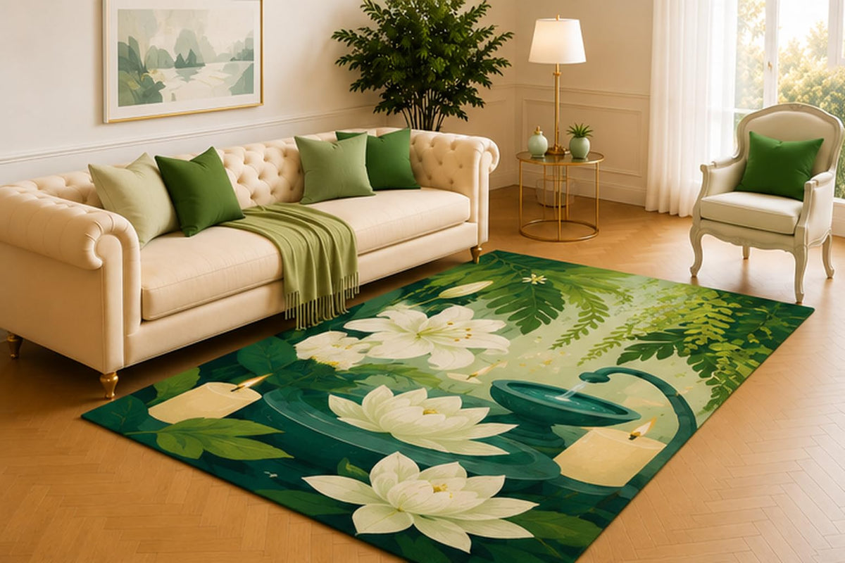 ICE ARMOR 5' x 7' Lotus Candle Garden Rug, White Blooms, Green Leaves and Soft Candlelight, Tranquil Accent for Bedroom, Meditation Room, Spa Space or Reading Nook