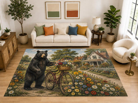 ICE ARMOR "Ultra Light Weight Large 6'7" x 9'10" Bear Bicycle Area Rug, Soft Low Pile Indoor Rug, Non-Slip Silicone Backing, Living Room, Green