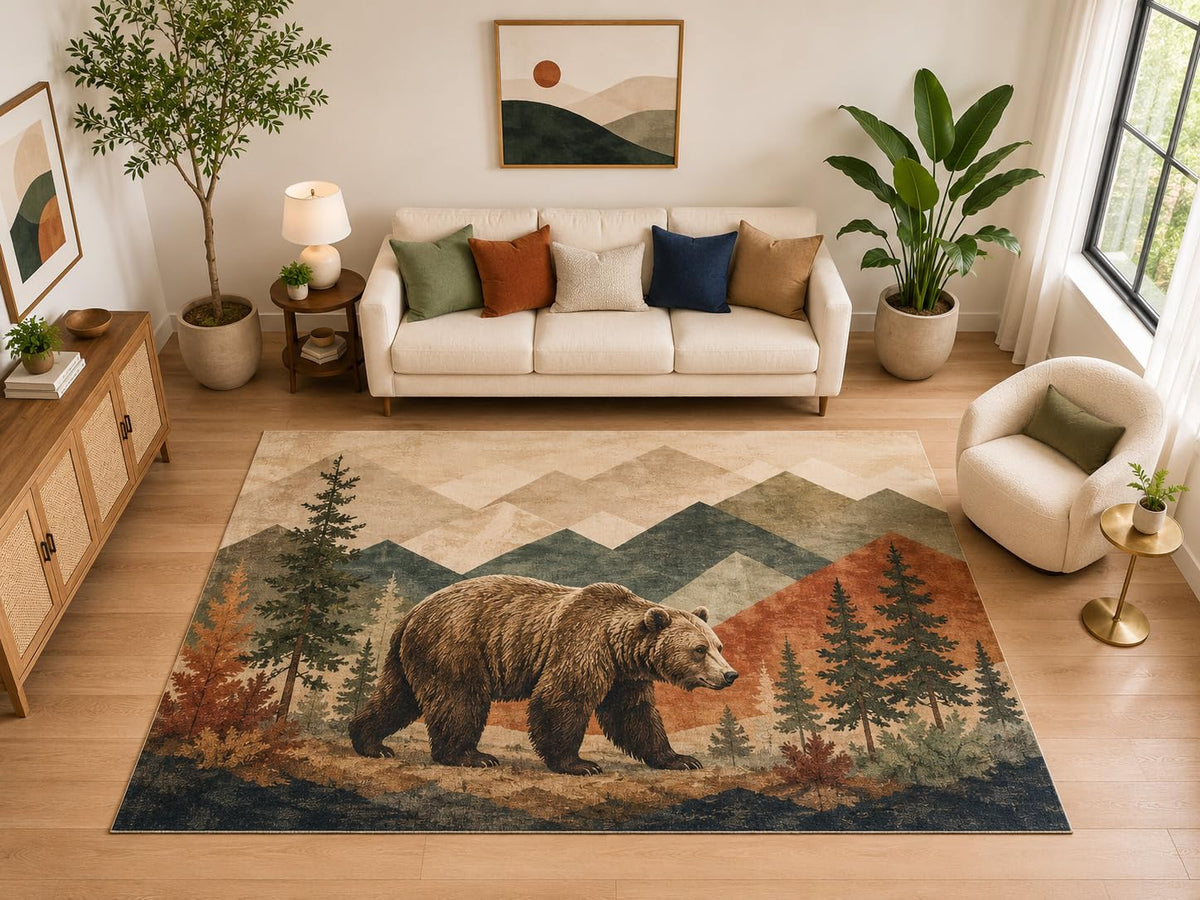 ICE ARMOR "Ultra Light Weight Large 6'7" x 9'10" Bear Forest Rug for Living Room, Soft Low Pile Indoor Rug and Non-Slip Silicone Backing, Brown