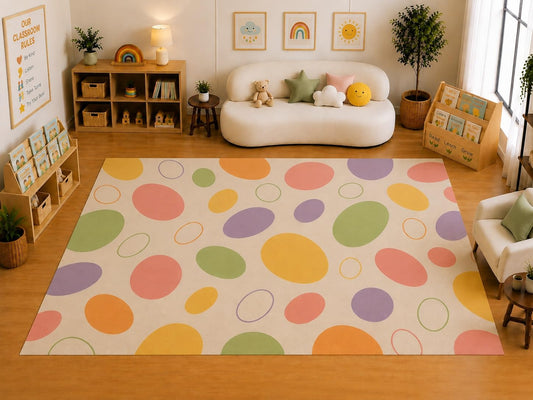 ICE ARMOR Large 6'7" x 9'10" Colorful Oval Dot Pattern Area Rug for Kids Room, Classroom, Bedroom, Playroom Decor, Soft Low Pile Indoor Rug with Non-Slip Silicone Backing, Pastel Multicolor