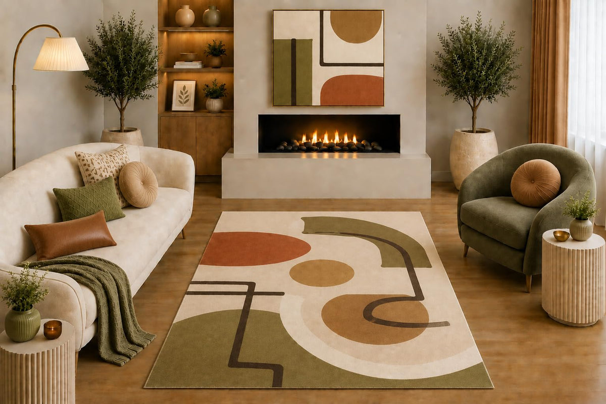 ICE ARMOR "Ultra Light Weight 5' x 7' Mid Century Modern Area Rug Olive Green Rust Tan Abstract Geometric Curved Line Design for Living Room Bedroom Office Non-Slip Silicone Backing Low Pile