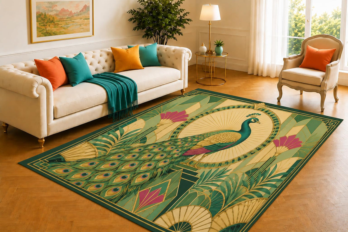 ICE ARMOR 5' x 7' Art Deco Peacock Area Rug, Soft Low Pile Indoor Rug with Non-Slip Silicone Backing, Decorative Carpet for Living Room, Bedroom, Office