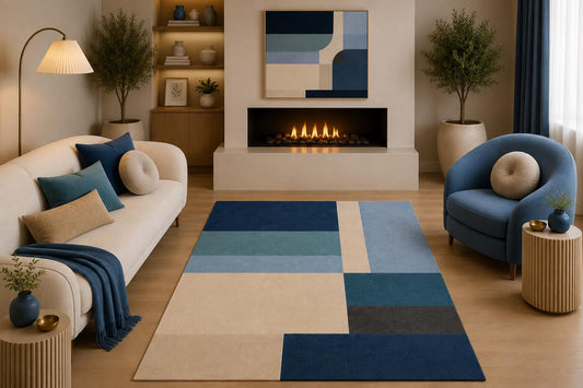ICE ARMOR 5' x 7' Modern Geometric Area Rug Navy Blue Teal Beige Minimalist Color Block Design for Living Room Bedroom Dining Room Non-Slip Silicone Backing Low Pile