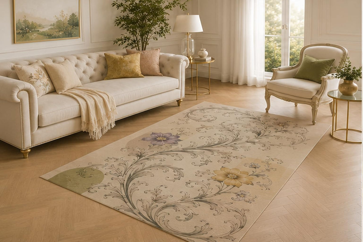 ICE ARMOR 5' x 7' Ornamental Floral Scroll Rug, Classic Low Pile Indoor Carpet with Stable Silicone Grip for Parlor, Library, Dressing Room, Bedroom, Kids and Pets
